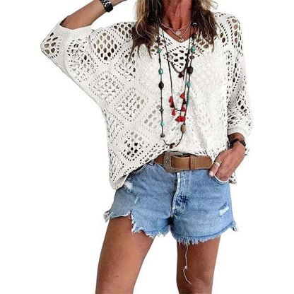 🌿 חולצה עם צווארון V וגימור סרוג פתו