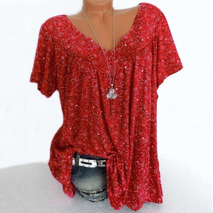 🍃 חולצת V-Neck עם הדפס ושרוולים קצרי
