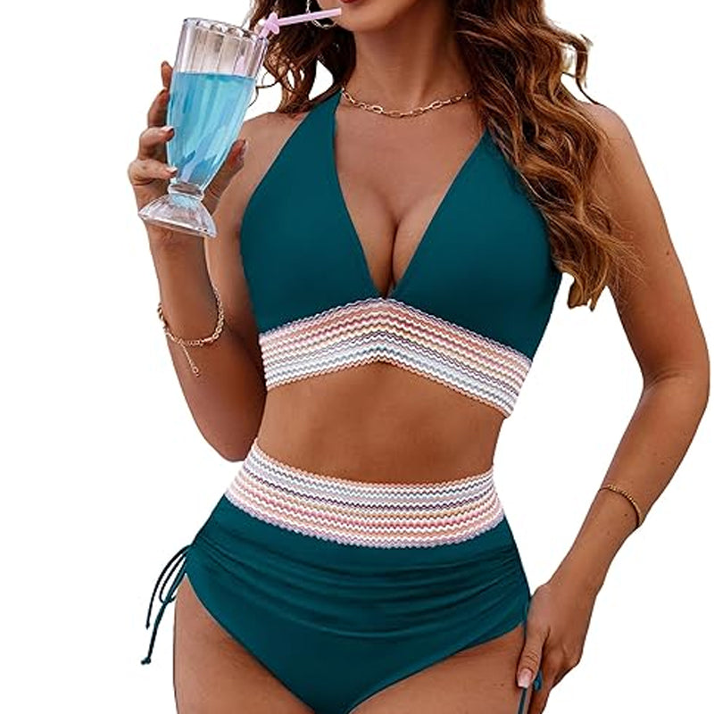 ☀️מבצעי חג 49% הנחה🏖️סט ביקיני עם מותן גבוה ושליטה בבטן סט ביקיני עם בלוקים צבעוניים