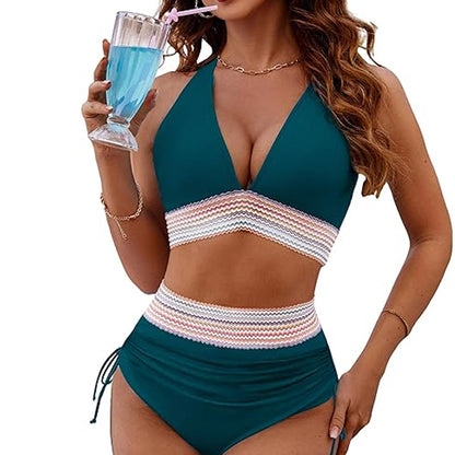 ☀️מבצעי חג 49% הנחה🏖️סט ביקיני עם מותן גבוה ושליטה בבטן סט ביקיני עם בלוקים צבעוניים