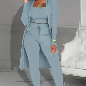 💎 סט סריג קז'ואל 3 חלקים – חולצה קצרה, קרדיגן ארוך ומכנסיים צמודים | רך, נמתח ואופנתי