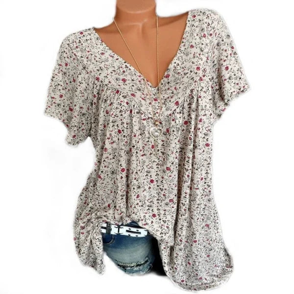 🍃 חולצת V-Neck עם הדפס ושרוולים קצרי