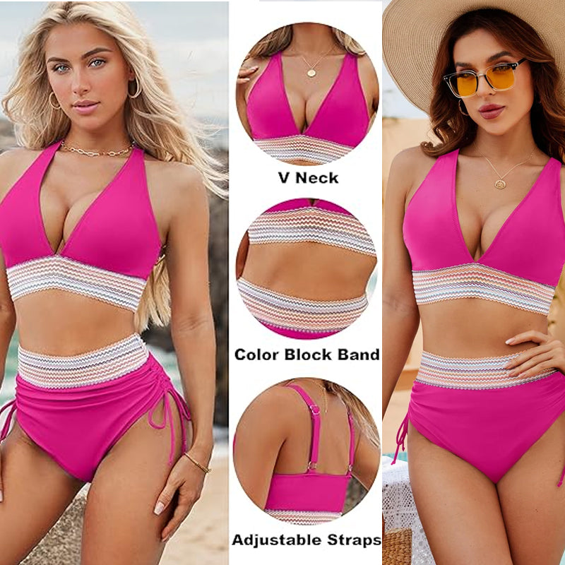 ☀️מבצעי חג 49% הנחה🏖️סט ביקיני עם מותן גבוה ושליטה בבטן סט ביקיני עם בלוקים צבעוניים