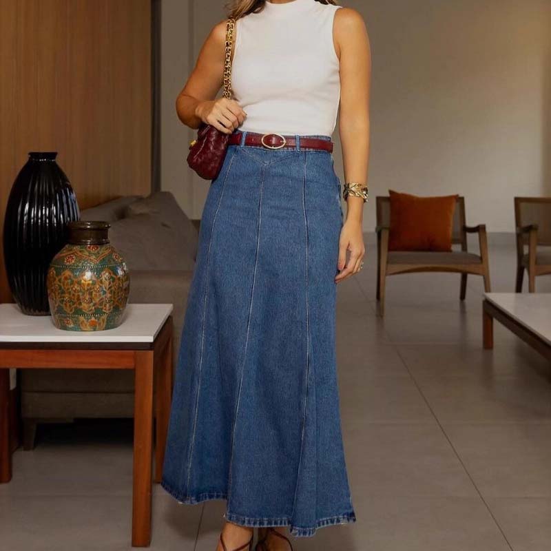👗חצאית מקסי ג'ינס לנשים – מותן גבוהה וחתך A-Lin