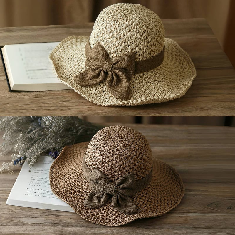 👒 כובע קש עם קשת בסגנון רטרו – מתקפל ומאוורר לקי