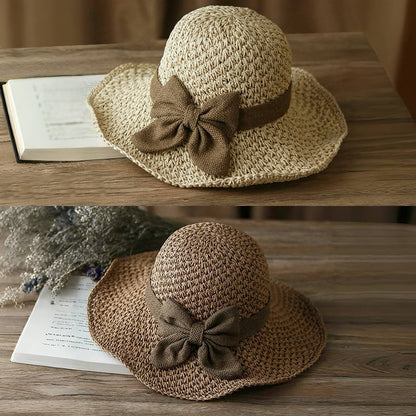 👒 כובע קש עם קשת בסגנון רטרו – מתקפל ומאוורר לקי