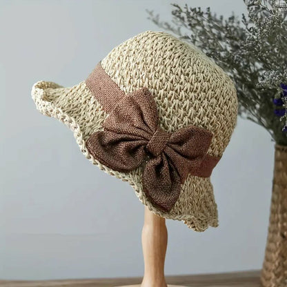 👒 כובע קש עם קשת בסגנון רטרו – מתקפל ומאוורר לקי