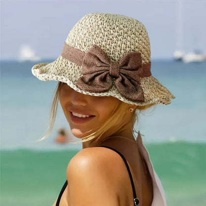 👒 כובע קש עם קשת בסגנון רטרו – מתקפל ומאוורר לקי