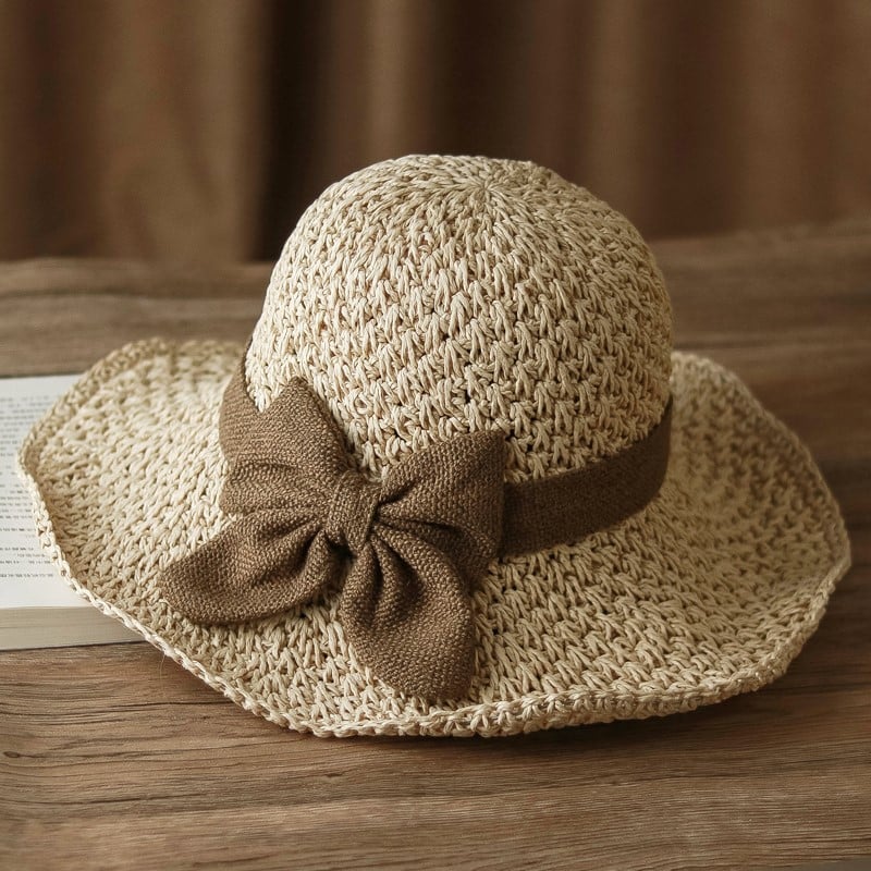 👒 כובע קש עם קשת בסגנון רטרו – מתקפל ומאוורר לקי